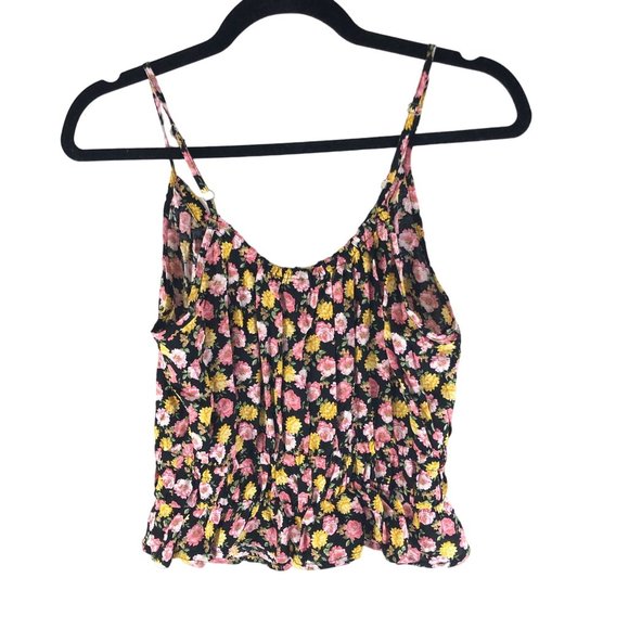 Good Luck Gem Womens Cinch Waist Tie Front Tank Top Black Yellow Pink Floral M - Picture 3 of 4